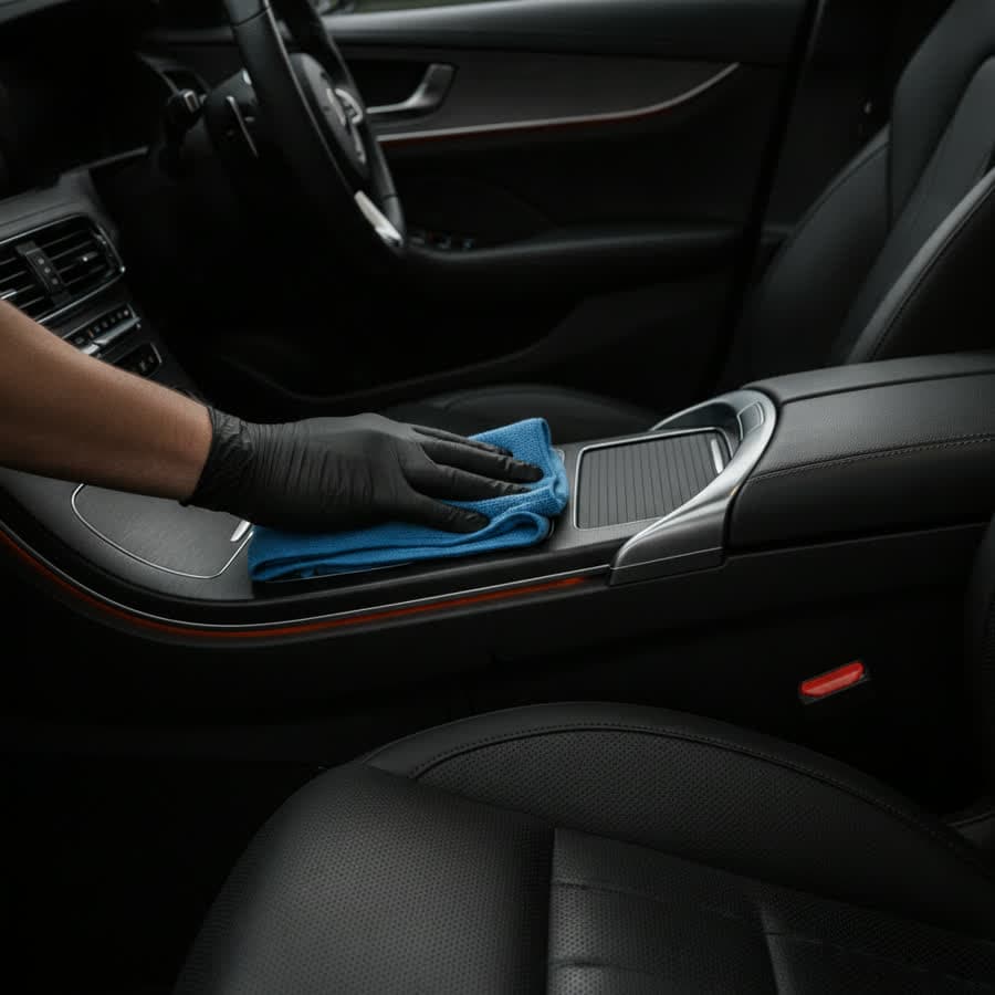 Detailer polishing the exterior of a clean car in a professional studio