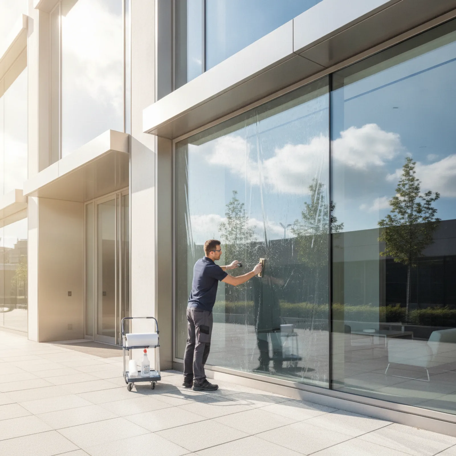 Installer applying solar window film to a large commercial storefront window on a modern building