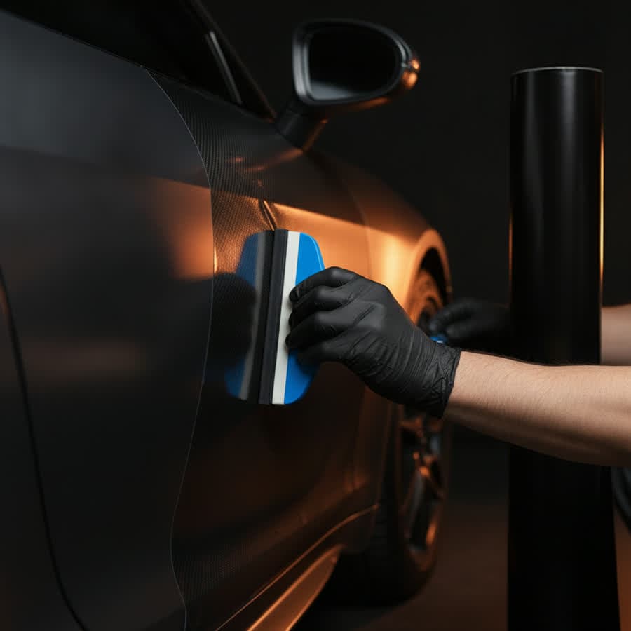 Installer smoothing premium vinyl film onto a car panel during a full wrap